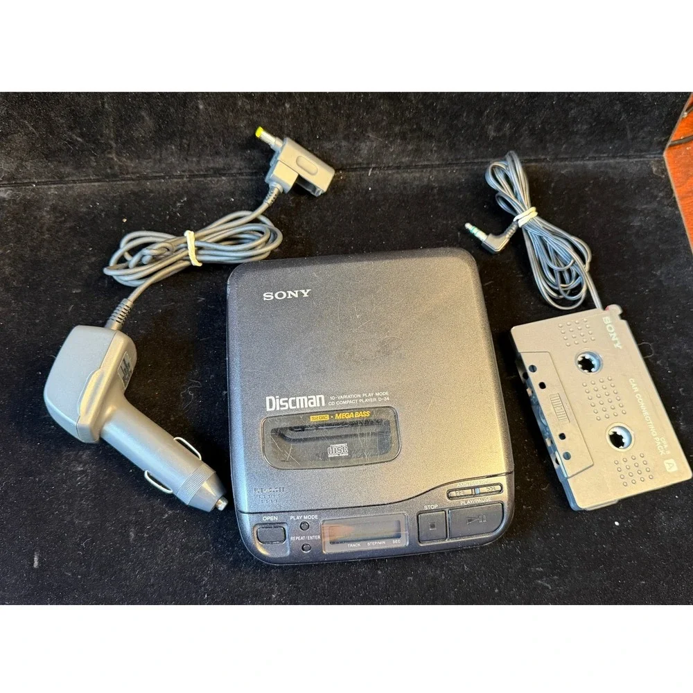 Vintage Sony Discman D-34 Portable CD Player- Mega Bass w/Car Kit and Case WORKS